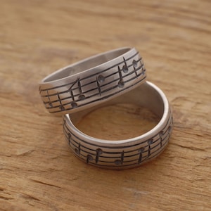 Music Note Wedding Ring Set, His Her Sterling Silver Wedding Bands, Personalised Promise Rings, Music Note Rings, BE62