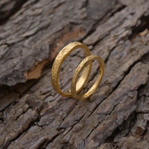 Matching Tree Bark Wedding Bands in Gold Plated Sterling Silver, 3.3mm and 2mm wide, Unique Wedding Set, BE164 image 7