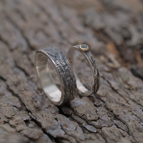 Blue topaz shops tree bark wedding band set, Sterling silver and gold 14KT wedding bands, BE182