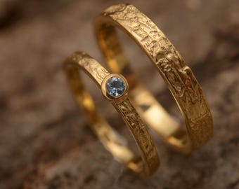 Gold Plated Sterling Silver Tree Bark Wedding Ring Set: Swiss Blue Topaz, BE256| 15% OFF Annual Sale