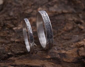 Conjunto de alianzas de boda inspiradas en la naturaleza, anillos de corteza de madera de plata esterlina, 2 mm y 4 mm de ancho, BE193