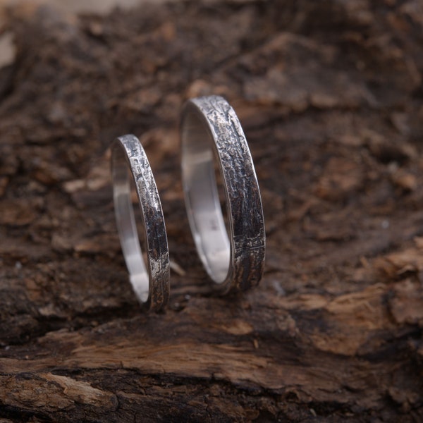 Set di fedi nuziali ispirate alla natura, anelli di corteccia di legno in argento sterling, 2 mm e 4 mm di larghezza, BE193