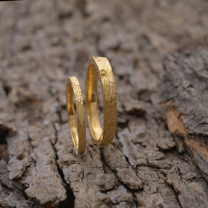 Matching Tree Bark Wedding Bands in Gold Plated Sterling Silver, 3.3mm and 2mm wide, Unique Wedding Set, BE164 image 2