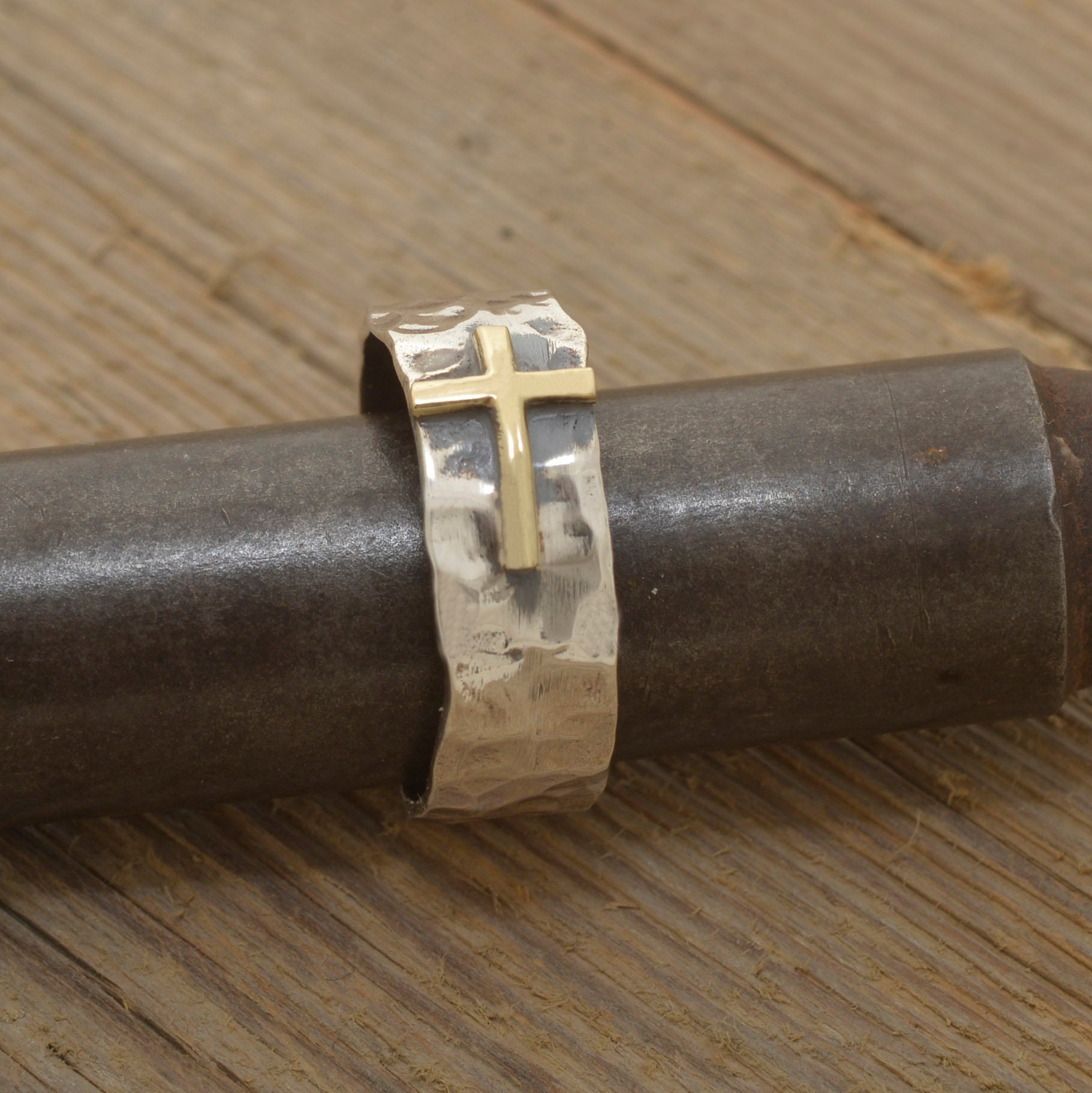 Hammered Cross Ring, Sterling Silver & 14KT Gold Band for Men, Gift of Faith, 8mm wide, Precious Religious Jewelry, DA254