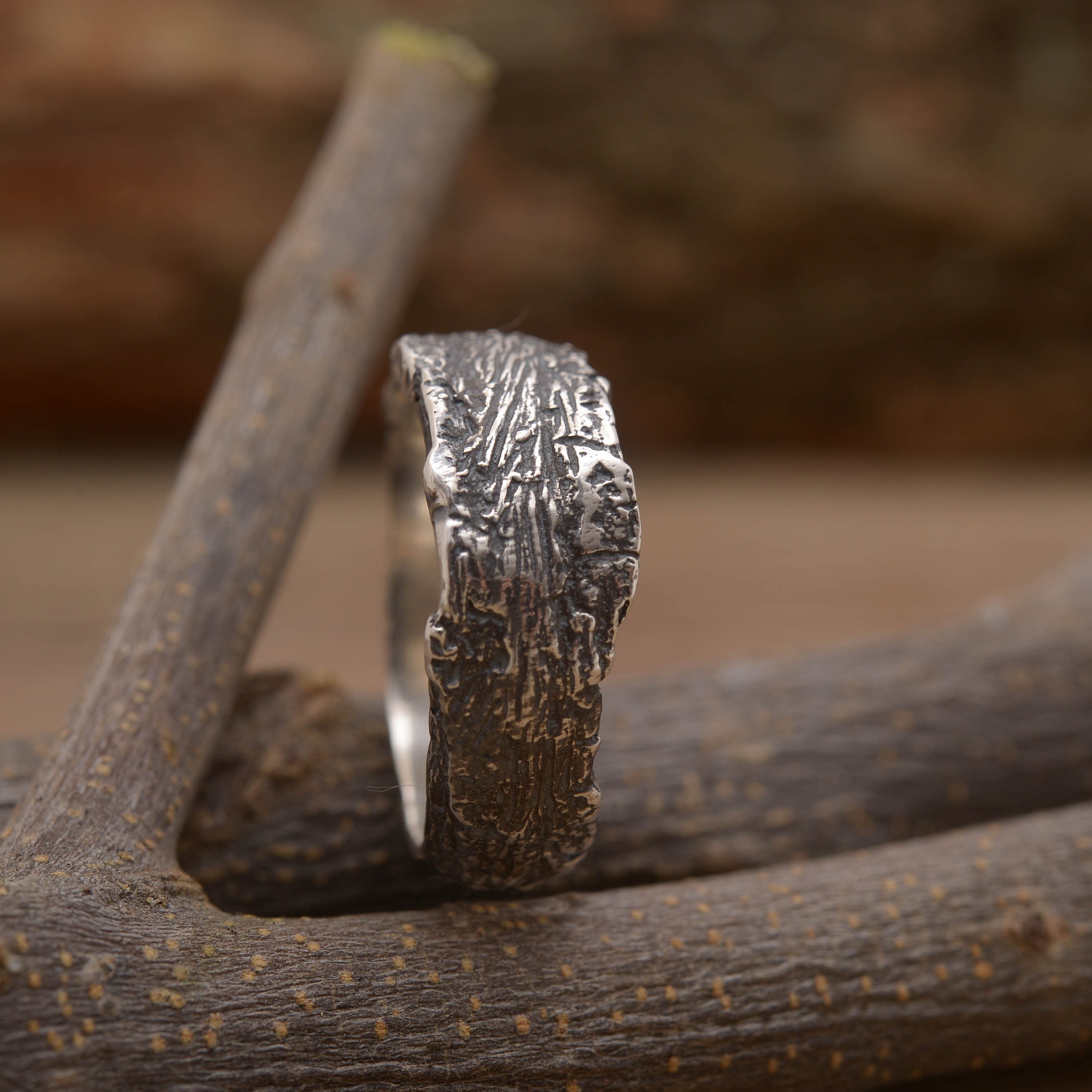 Artistic Tree Bark Ring for Him, Sterling Silver Forest