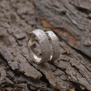 Matching Tree Bark Wedding Bands in Sterling Silver, 7mm and 5mm wide, Unique Wedding Set, BE161