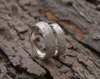 Matching Tree Bark Wedding Bands in Sterling Silver, 7mm and 5mm wide, Unique Wedding Set, BE161