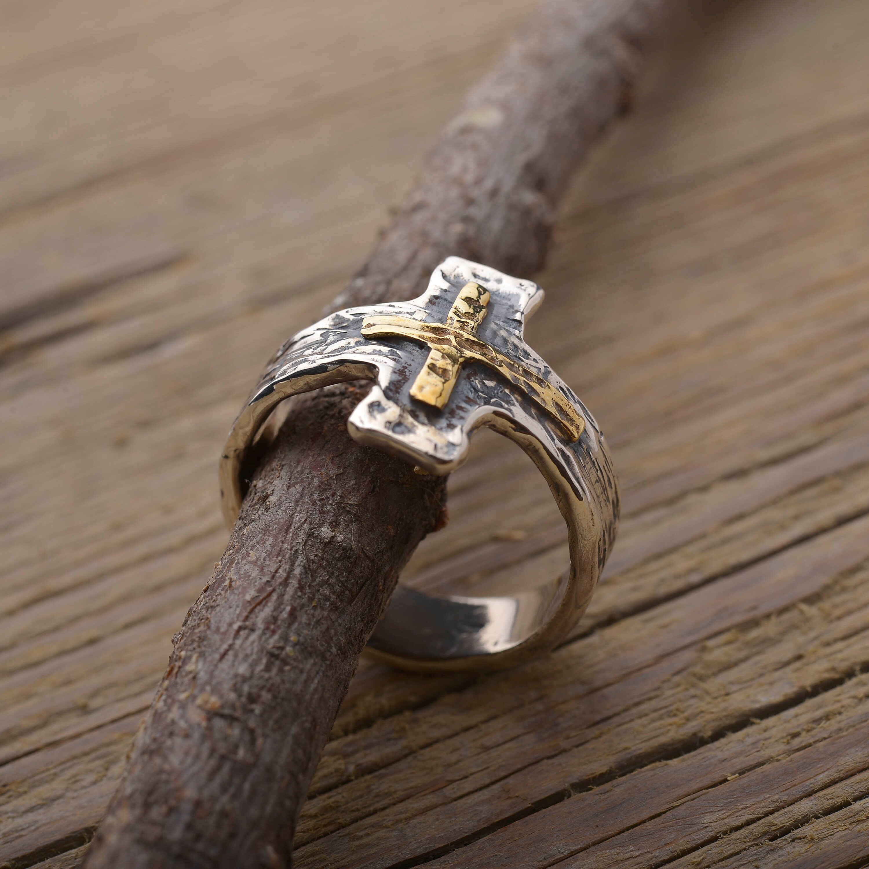 Cross Mens Ring Sterling Silver & 14KT Gold Christian Ring Etsy UK