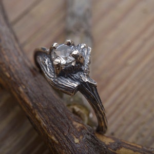 White Topaz Twig Ring, Sterling Silver Tree Bark Engagement Ring DA514