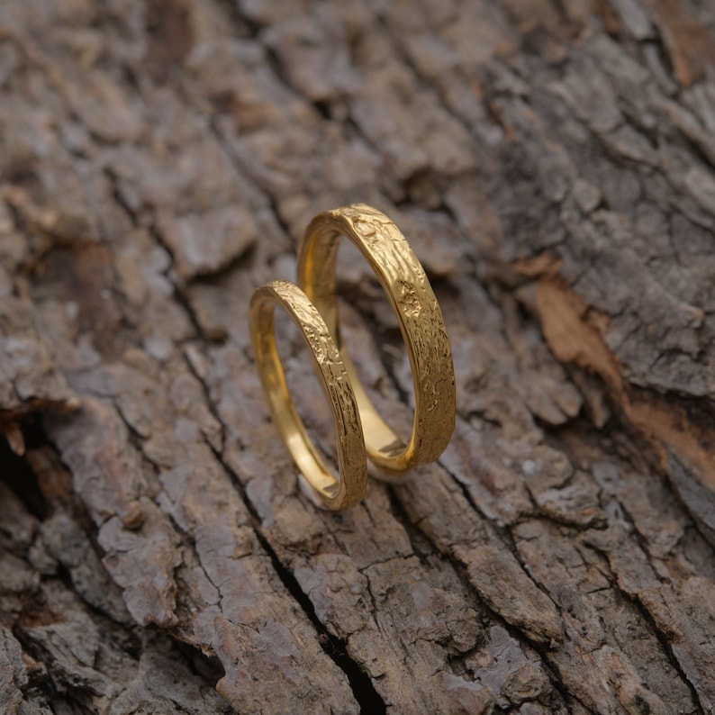 Matching Tree Bark Wedding Bands in Gold Plated Sterling Silver, 3.3mm and 2mm wide, Unique Wedding Set, BE164 image 10