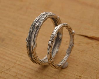 Matching Twig Wedding Bands, Tree Branch Rings, Sterling Silver His and Hers Promise Rings 5mm and 2.5mm wide, Unique Bridal Set, BE114