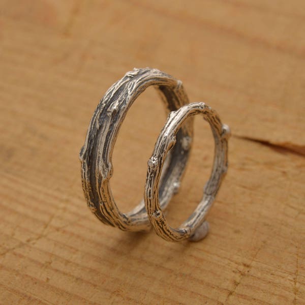 Bandes de mariage de brindilles assorties, anneaux de branche d'arbre, bagues de promesse en argent sterling 5mm - 2,5 mm de large, ensemble de mariée unique, BE114