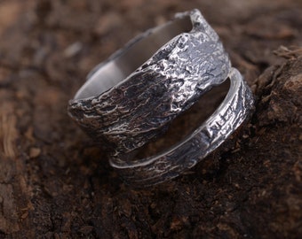 Couples wedding band set, rustic tree bark design in sterling silver, 9mm and 3mm wide nature inspired bridal set, BE191