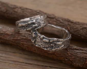 Sterling Silver Tree Bark Wedding Band Set, Nature Inspired Rings, BE189