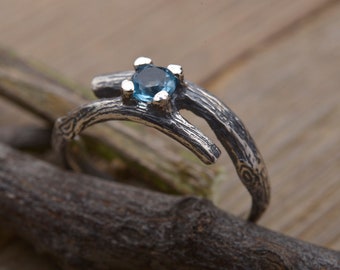 Blue Topaz Tree Bark Engagement Ring, Sterling Silver Branch Ring DA508