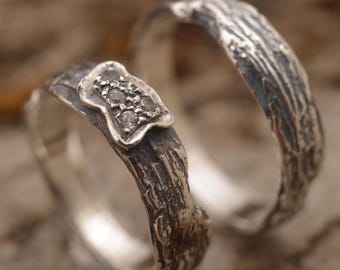 White topaz tree bark wedding ring set, 5.5mm wide, Sterling silver matching bands, BE249| 15% OFF Annual Sale