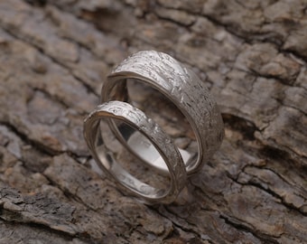 Couples Commitment Rings, Tree Bark Wedding Band Set, Sterling Silver Bridal Set, BE166