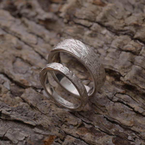Couples Commitment Rings, Tree Bark Wedding Band Set, Sterling Silver Bridal Set, BE166