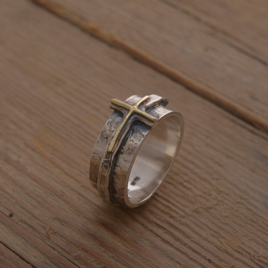 Christian Ring for Men, Cross Ring in Sterling Silver and 14KT Gold