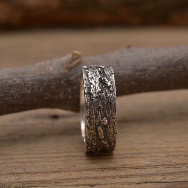Rustic men's wood bark ring, Sterling silver forest inspired band, 8.5mm wide, Free inside engraving by hand, DA577