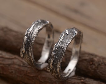 Rustic Tree Bark Sterling Silver Wedding Rings Set (5.5mm wide) BE195