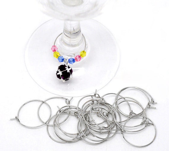 25 OR 50 Silver Tone Wine Glass Charm Rings DIY Craft Make Sweet Gift 4  Holiday 25mm Add Colorful Beads Charms Bottle Caps Bottlecap 