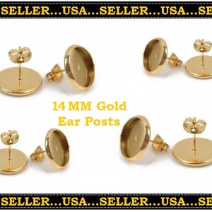 14MM Soft Golden Ear Posts (100) PCS 14MM Blank Bezel Earring Studs With Golden Butterfly Backings Gold Ear Nuts Jewelry Findings DIY Craft