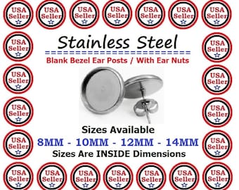 Stainless Steel Ear Posts 8mm 10mm 12mm 14mm Blank Bezel Earring Post blank bezel ear nuts backing DIY Gift Cabochon Earrings Also 10mm oval