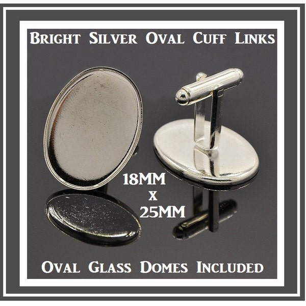 Oval Cufflinks Blank Bezel Silver Cufflink trays Glue Pad 18mm X 25mm Glass Domes Included Wedding Cuff Links Jewelry Findings Gifts for Men