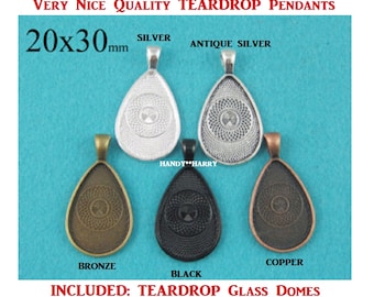 Teardrop Pendants With Glass Dome 20mm x 30mm Pendant Kits glass cabochons fit perfect Necklace DIY Crafts Black Teardrop Pendants