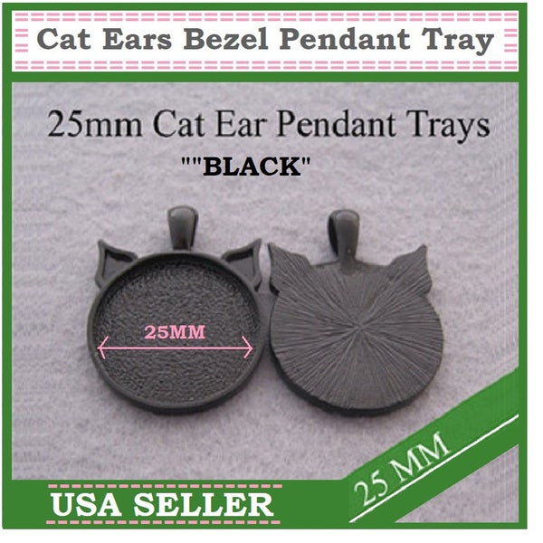 25) Cat Ears Pendants Jet Black 25MM Round Blank Bezel Pendant Tray Jewelry Findings DIY Crafts Bright Silver Cat Face Blank Pendant Trays