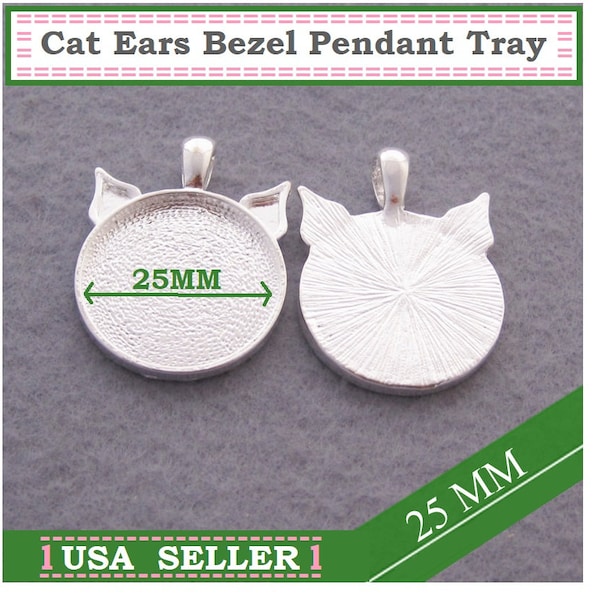 15) Cat Ears Pendants Bright Silver 25MM Round Blank Bezel Pendant Tray Jewelry Findings DIY Crafts Black Cat Face Blank Pendant Trays