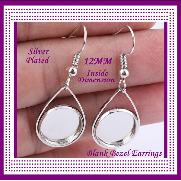 12MM Silver Plate Blank Bezel Earrings Teardrop 12MM Round Blank Base Bezel Trays Jewelry Finding DIY Crafts 12MM Silver Earring Bezel Blank
