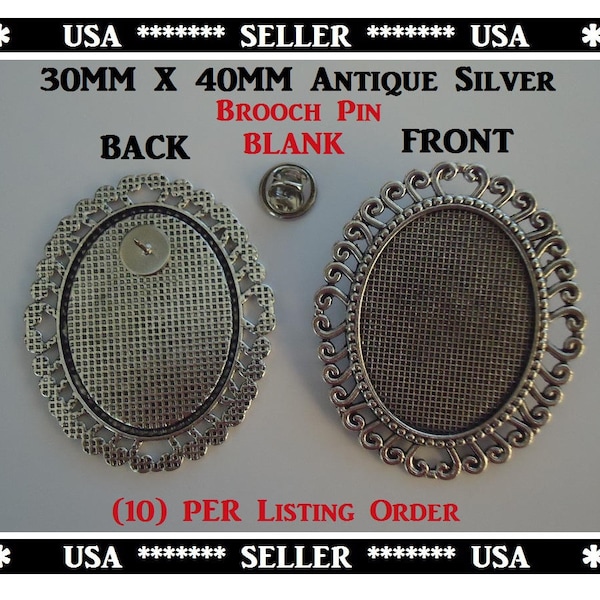 30mm X 40mm (10) Pieces Blank Bezel Antique Silver Oval Blank Brooch Pin Base Tray Jewelry Findings DIY Craft Bezel Tie Tack Back Lapel pins