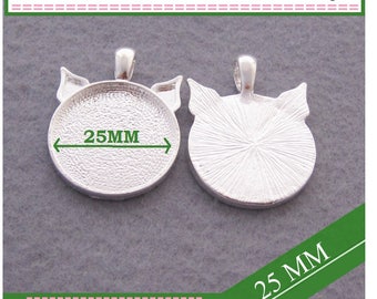 Cat Ears Pendants Silver 25MM Round Blank Bezel Pendant Tray Jewelry Findings DIY Crafts Bright Jet Black Cat Face Blank Pendant Trays