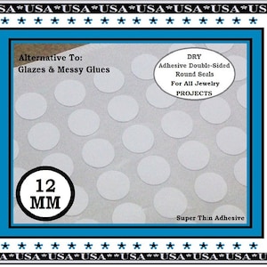 May include: A sheet of 12 mm adhesive double-sided round seals. The sheet is white with a blue border and text that reads "DRY Adhesive Double-Sided Round Seals For All Jewelry PROJECTS Super Thin Adhesive".