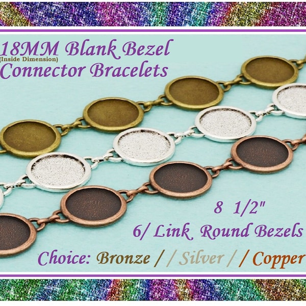 5) Blank Bezel Bracelets (6) 18mm Bezel Trays Choice Bronze Silver Copper Tray Blank Bracelets 8 & 1/2"  DIY Craft Project Jewelry Findings
