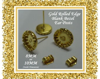 Gold 8mm Blank Bezel Earring Posts Gold 10MM Blank Bezel Earrings Gold Ear Nuts Included Jewelry Findings DIY Craft Rolled Edge Earrings