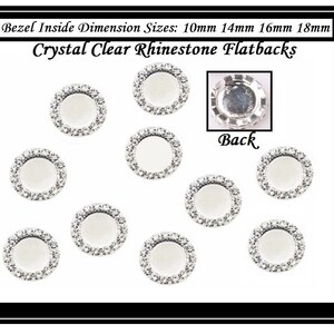 May include: Ten crystal clear rhinestone flatbacks in various sizes: 10mm, 14mm, 16mm, and 18mm. The back of a flatback is shown in the image.