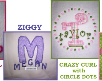 May include: Four embroidered designs for a personalized name or monogram. The designs include a pink and white striped letter A with a crazy curl font, a purple letter M with a zig zag font, a pink letter P with a circle dot font, and a pink crown with a letter A inside.