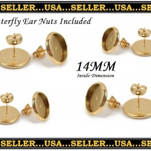 May include: Gold-tone earring settings with 14mm round glass cabochons. Butterfly ear nuts are included.