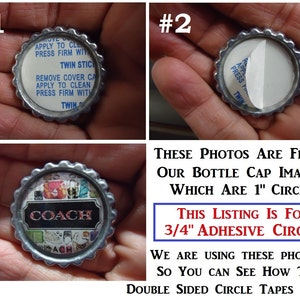 Puede incluir: Tres im&aacute;genes que muestran c&oacute;mo usar c&iacute;rculos adhesivos de 1,9 cm. La primera imagen muestra el c&iacute;rculo adhesivo con el respaldo a&uacute;n en su lugar. La segunda imagen muestra el c&iacute;rculo adhesivo con el respaldo parcialmente retirado. La tercera imagen muestra el c&iacute;rculo adhesivo unido a una tapa de botella con un dise&ntilde;o en ella. El texto en la imagen dice "Estas fotos son de nuestras im&aacute;genes de tapas de botellas que miden 2,5 cm. Esta lista es para c&iacute;rculos adhesivos de 1,9 cm. Estamos usando estas fotos para que puedas ver c&oacute;mo funcionan las cintas circulares de doble cara."
