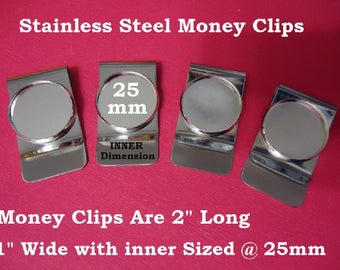 4 OR 6 pcs) Shiny Silver Blank Money Clips Stainless Steel Money Clip DIY Craft Gift Men Money Clip Cabachon 1" Bezel Tray Nice Wedding Gift