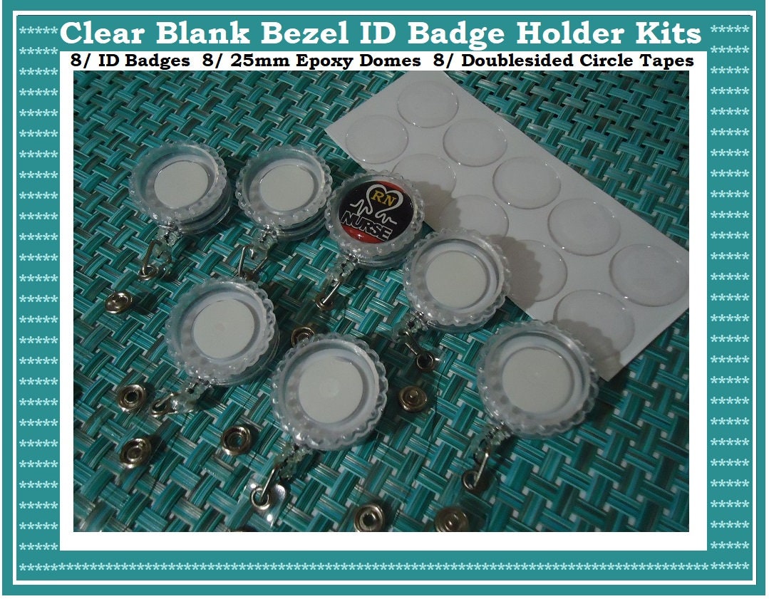 ID Badge Reel Kit 8 Clear or Black Retractable Badge Reel Kits Include 8  Epoxy Domes 8 Adhesive Circle Tape attach Image to Bottle Cap 