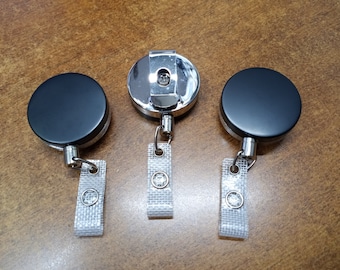 2) Heavy Duty Black & Silver ID Badge Reel Black Heavy Duty Metal Retractable Wire ID Badge 1  1/2" Top Black Base Clip Style ID Badge Reel