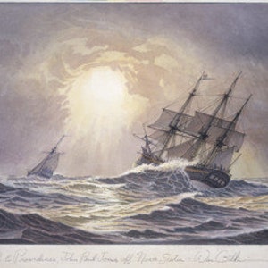 May include: A watercolour painting depicting two ships sailing on a choppy sea under a cloudy sky. The sun is shining brightly through the clouds, casting a golden glow on the water. The larger ship is in the foreground, with its sails billowing in the wind. The smaller ship is in the background, sailing away from the viewer.