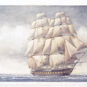 U.S.S. Constitution approaching Marblehead, pursued by H.M. Frigates Junon and Tenedos.