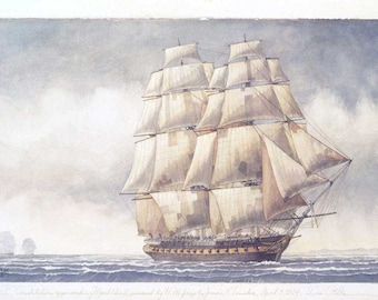 U.S.S. Constitution approaching Marblehead, pursued by H.M. Frigates Junon and Tenedos.