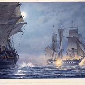 May include: A watercolor painting depicting a naval battle at night. Two ships are firing cannons at each other, with smoke and fire visible. The ships are sailing under a full moon, with a dark sky in the background.