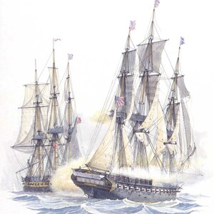Puede incluir: Una pintura de acuarela de tres barcos de vela en mar abierto. Los barcos navegan todos con sus velas hinchadas por el viento. El barco en primer plano es el más grande y tiene un casco negro con velas blancas. Los otros dos barcos son más pequeños y tienen un casco marrón con velas blancas.